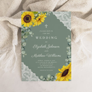 Religious Cross Sage Green Lace Sunflower Wedding Invitation