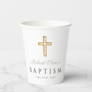 Religious Cross Sage Green Script Boy Baptism Paper Cups