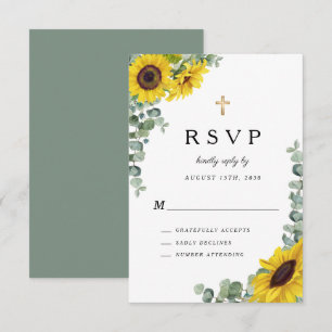 Religious Cross Sage Green Sunflower Wedding RSVP Card