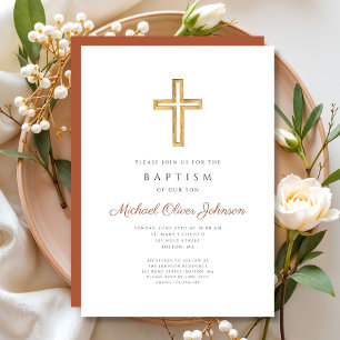 Religious Cross Terracotta Script Baptism Invitation