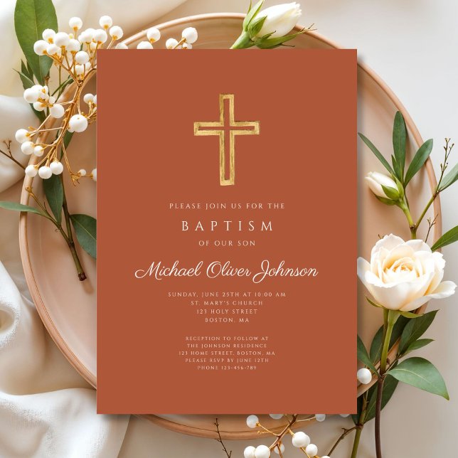 Religious Cross Terracotta Script Boy Baptism Invitation (Religious Cross Terracotta Script Boy Baptism Invitation)