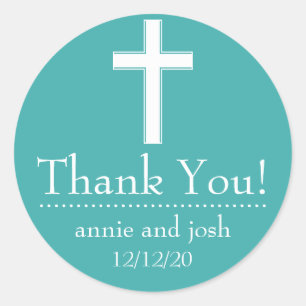 Religious Cross Thank You Labels (Aqua / White)
