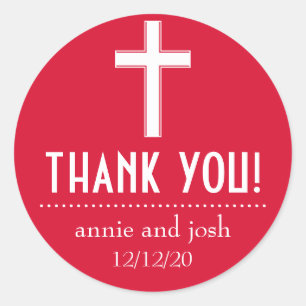 Religious Cross Thank You Labels (Red / White)