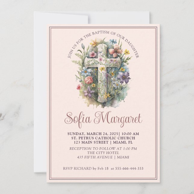 Religious Cross Watercolor Floral Girl Baptism   Invitation (Front)