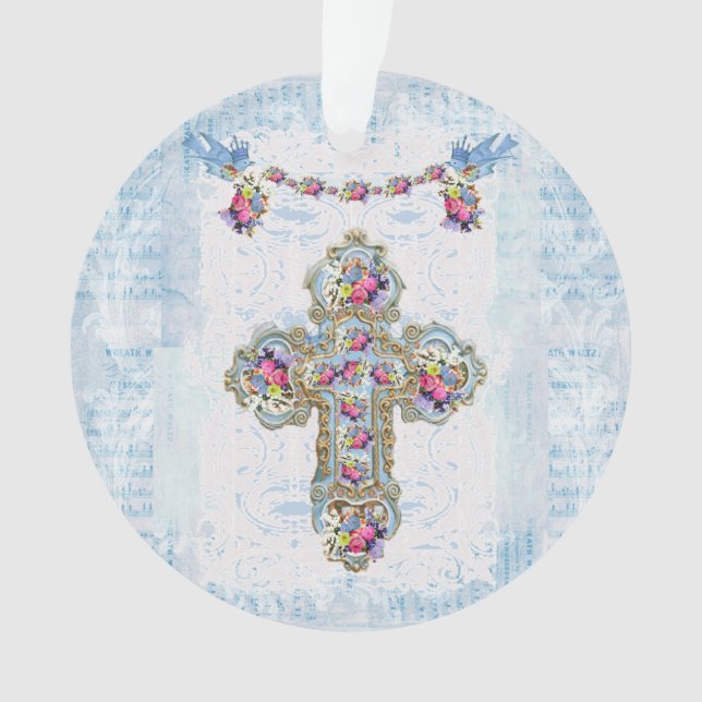 Religious Cross with Flowers and Birds Ornament (Front)