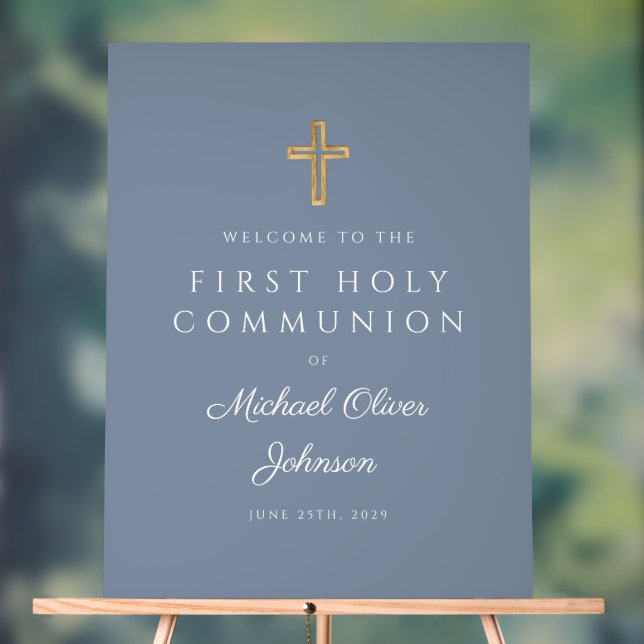 Religious Dusty Blue Boy First Communion Welcome Acrylic Sign (Neutral)