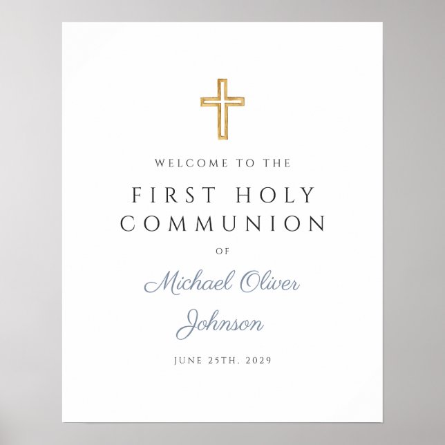 Religious Dusty Blue Boy First Communion Welcome  Poster (Front)