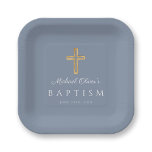 Religious Dusty Blue Script Cross Boy Baptism Paper Plate<br><div class="desc">Personalised Religious Dusty Blue Script Cross Boy Baptism Paper Plates.</div>