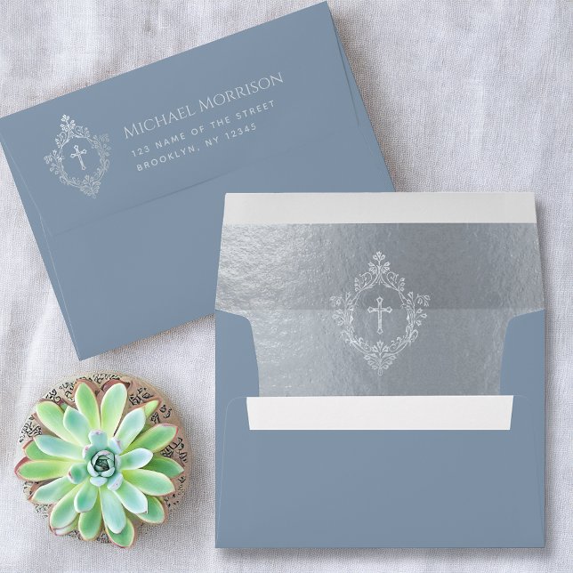 Religious Dusty Blue Silver Cross in Crest Elegant Envelope (Creator Uploaded)