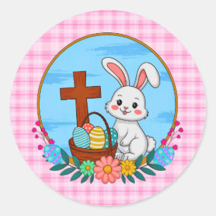 Religious Easter Bunny with Cross and Floral Egg Classic Round Sticker