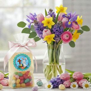 Religious Easter Bunny with Cross and Floral Egg Classic Round Sticker