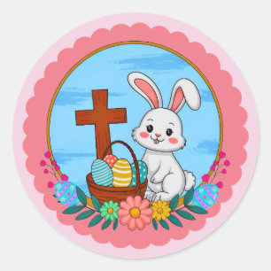 Religious Easter Bunny with Cross and Floral Egg Classic Round Sticker