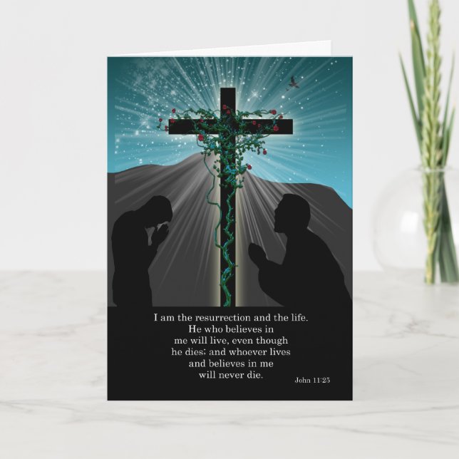 Religious Easter Card - Praying And Cross (Front)