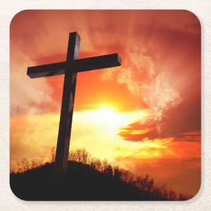 Religious Easter Cross at Sunset Square Paper Coaster