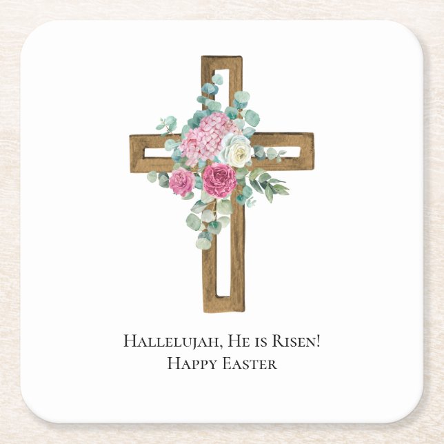 Religious Easter He is Risen Wood Cross Floral  Square Paper Coaster (Front)
