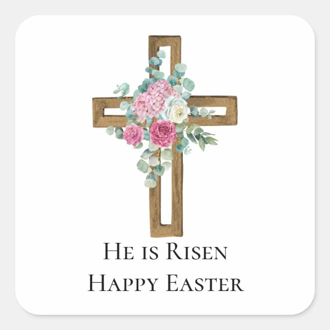 Religious Easter He is Risen Wood Cross Floral Square Sticker (Front)