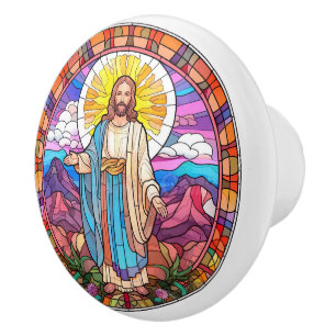 Religious elegant faux stained glass Jesus  Ceramic Knob