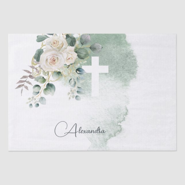 Religious Elegant Roses Green Cross Personal Tissue Paper (Front)