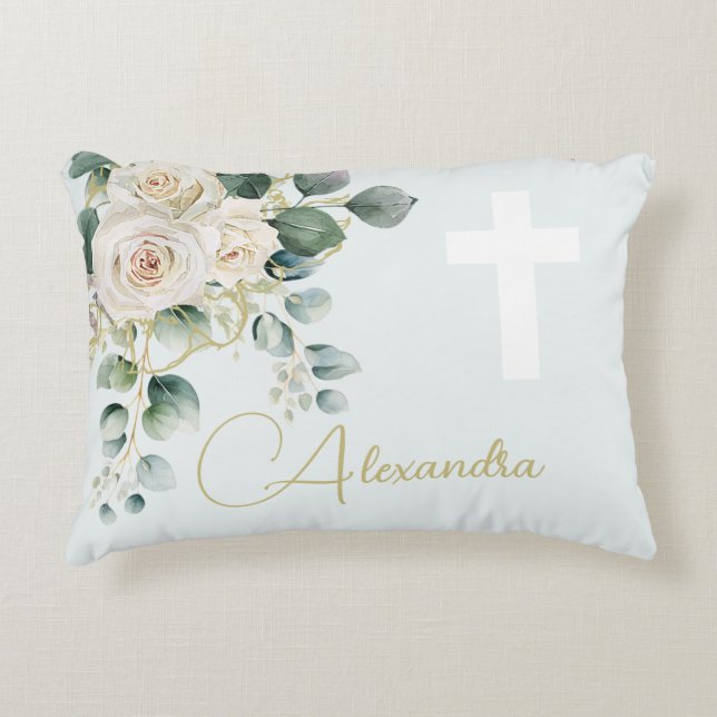 Religious Elegant Roses Green Simple Cross Decorative Cushion (Front)