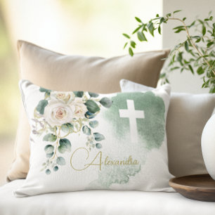 Religious Elegant Roses Green Wash Cross Decorative Cushion