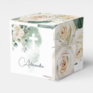 Religious Elegant Roses Green Wash Cross Favour Box