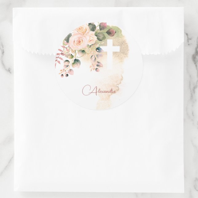 Religious Elegant Roses Pink Wash Cross Classic Round Sticker (Bag)