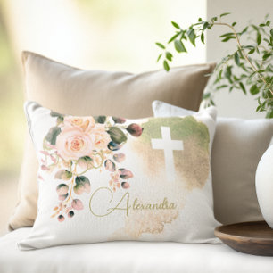 Religious Elegant Roses Pink Wash Cross Decorative Cushion