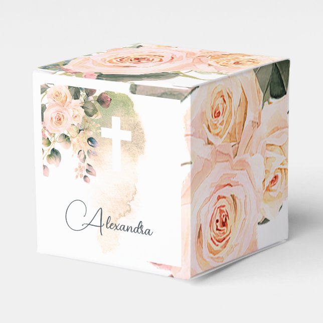 Religious Elegant Roses Pink Wash Cross Favour Box (Front Side)