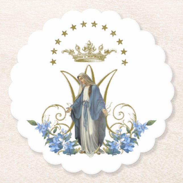 Religious Elegant Virgin Mary Floral Gold  Paper Coaster (Front)