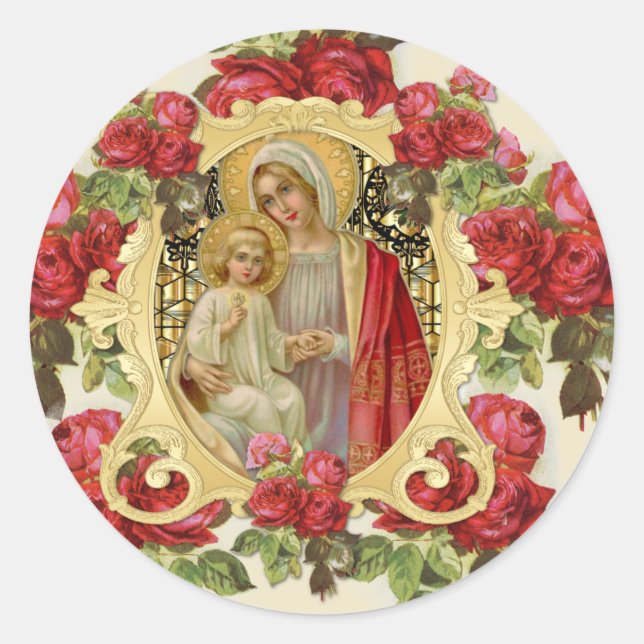 Religious Elegant Virgin Mary Jesus Red Roses  Classic Round Sticker (Front)