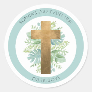Religious Event Greenery Cross Envelope Seal/Favou Classic Round Sticker