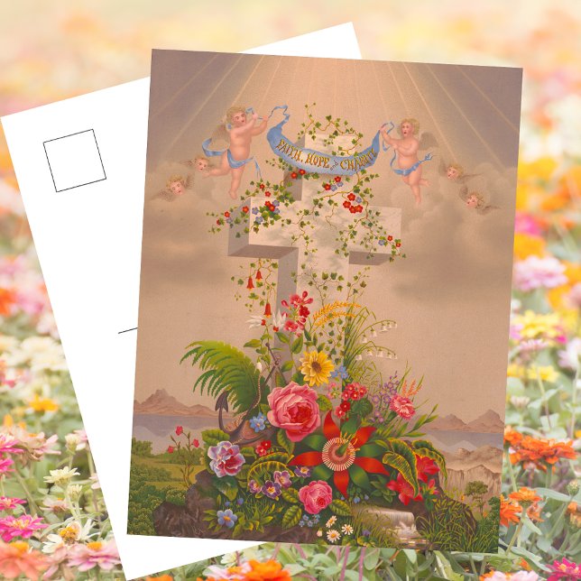 Religious Faith Hope Charity Floral Easter Cross Holiday Postcard (Vintage Religious Christian Catholic Faith Hope Charity Floral Easter Cross Angel Holiday Postcard)