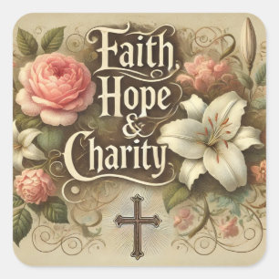Religious Faith Hope Charity Floral Vintage Square Sticker