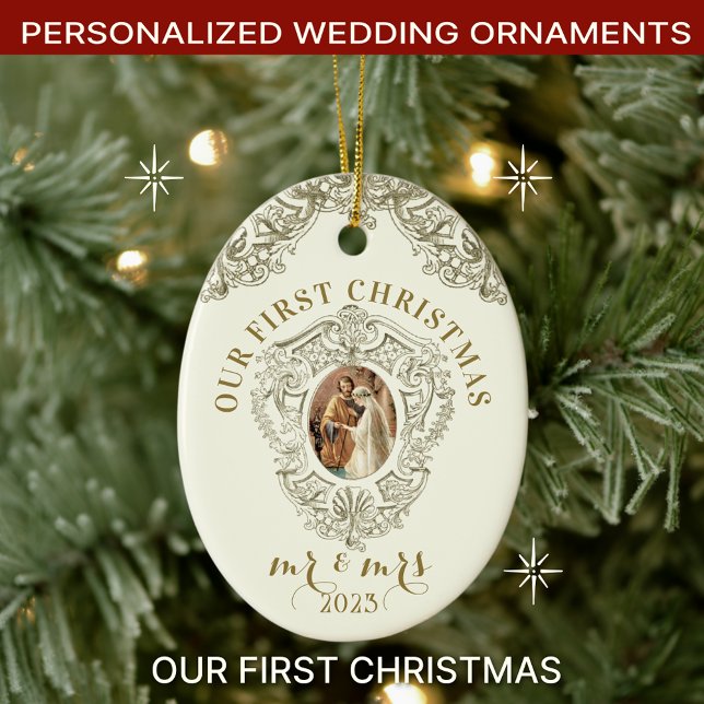 Religious First Christmas Mr and Mrs Wedding Ceramic Tree Decoration (Personalized Catholic Christmas Wedding Ornaments with Scripture Verse)
