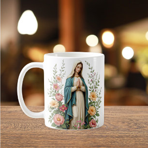 Religious Floral Gift for Catholics Virgin Mary Coffee Mug