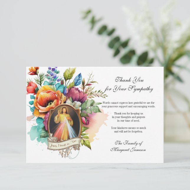 Religious Floral Jesus Divine Mercy  Condolence Thank You Card (Standing Front)