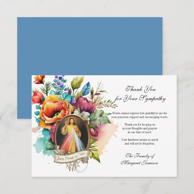 Religious Floral Jesus Divine Mercy  Condolence Thank You Card (Front/Back)
