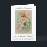 Religious Friend Birthday Virgin Mary Jesus  Card<br><div class="desc">This is a beautiful traditional Catholic customised image of the Blessed Virgin Mary with the Child Jesus with a vintage golden frame and pink roses.  All text and fonts may be modified to suit the occasion and recipient.</div>