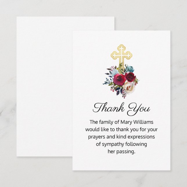 Religious Funeral Gold Cross Floral Thank You Card (Front/Back)