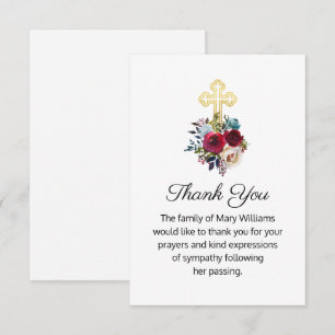 Religious Funeral Gold Cross Floral Thank You Card