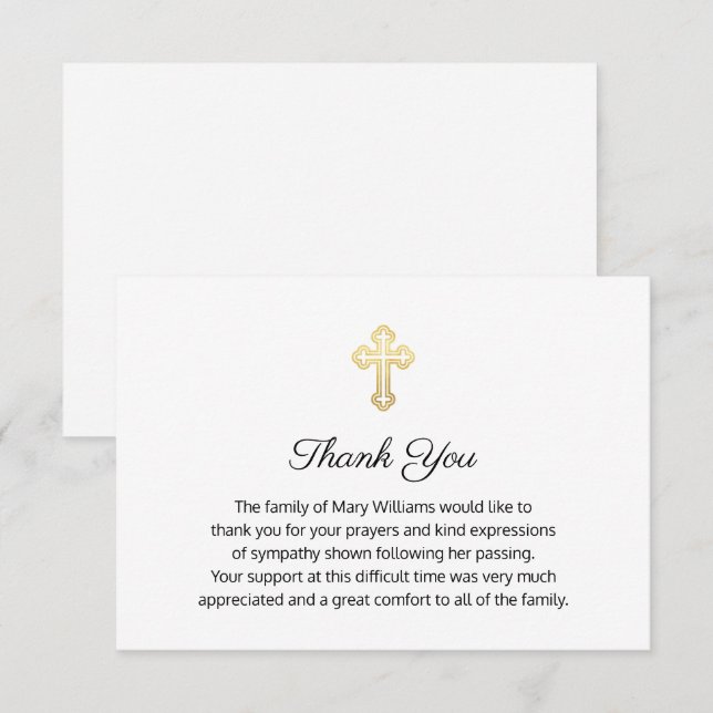 Religious Funeral Memorial Gold Cross Thank You Card (Front/Back)