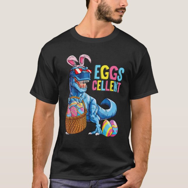 Religious Funny S Of Dino In Bunny Cap Eggs Basket T-Shirt (Front)