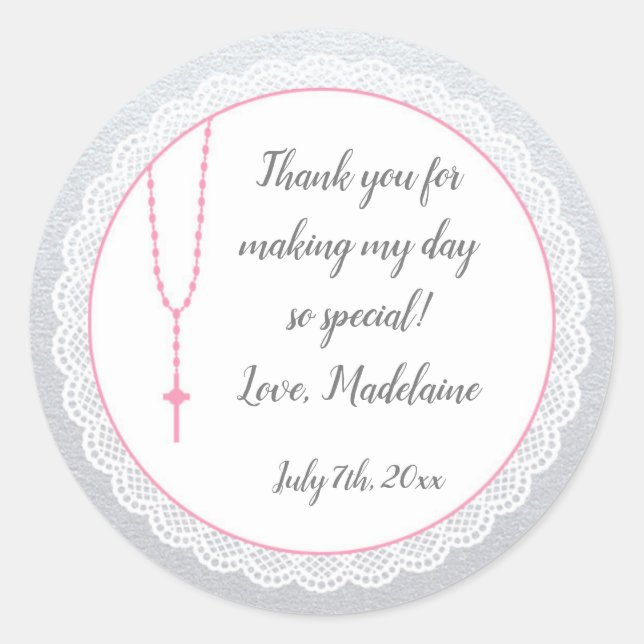 Religious Gift Favour Label Girl Pink Rosary (Front)