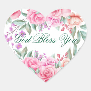 Religious God Bless You Pink Roses Floral  Heart Sticker