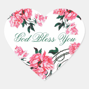 Religious God Bless You Pink Roses Floral  Heart Sticker