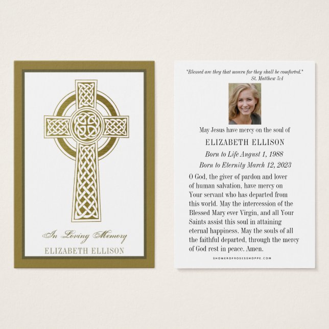 Religious Gold Celtic Cross  Funeral Prayer Card (Front & Back)