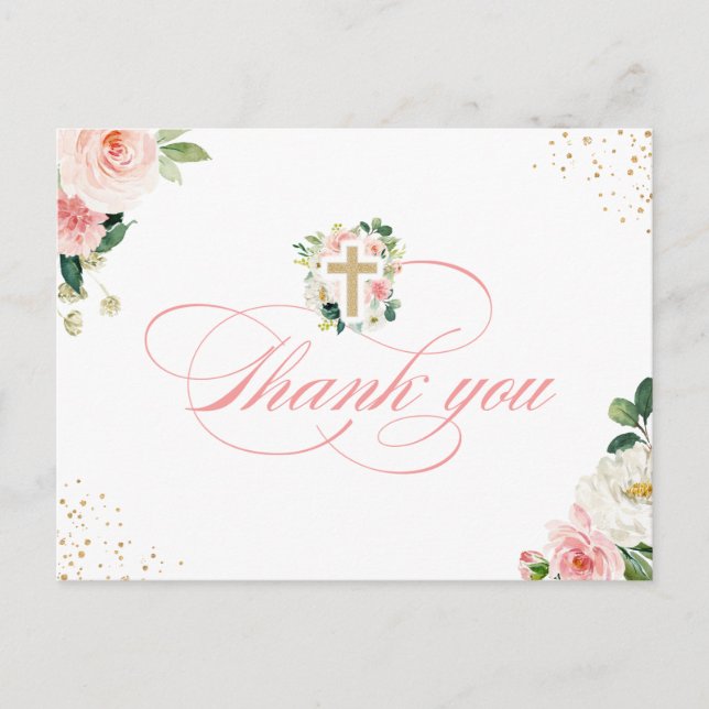 Religious Gold Cross Blush Pink Floral Thank You Postcard (Front)