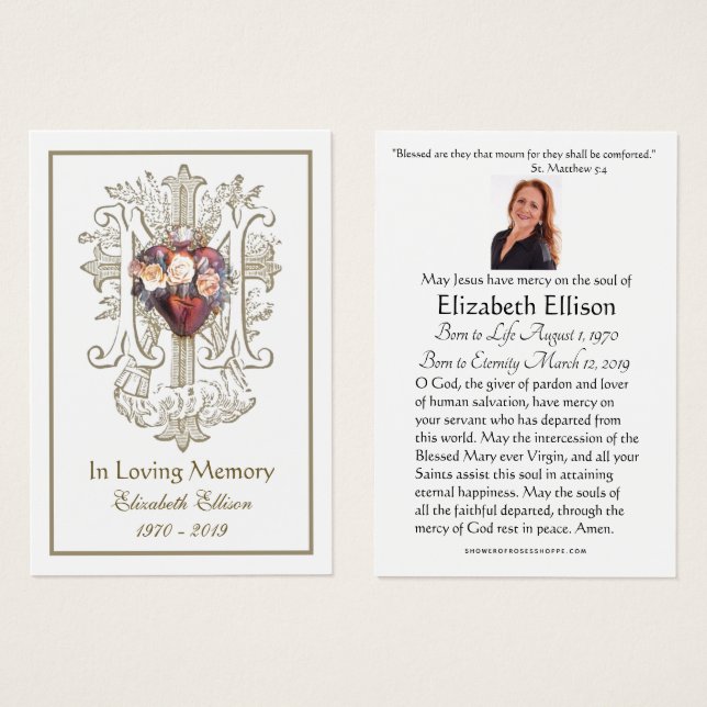 Religious Gold Marian Cross Heart Funeral Prayer  (Front & Back)