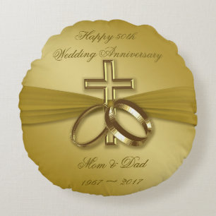 Religious Golden 50th Anniversary Round Cushion