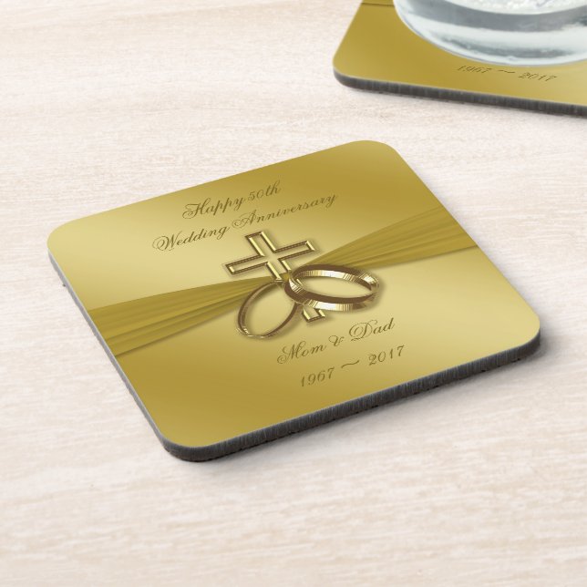 Religious Golden 50th Wedding Anniversary Coaster (Left Side)